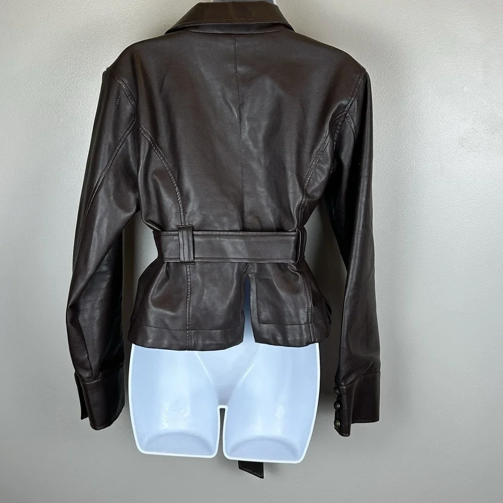 Paris Blues Vintage Faux Leather Jacket Womens Medium Brown Belted Pockets Retro